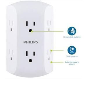 PHILIPS WALL ADAPTER EXTENDER FOR 6 GROUNDED AC OUTLETS WHITE 2-PACK NEW